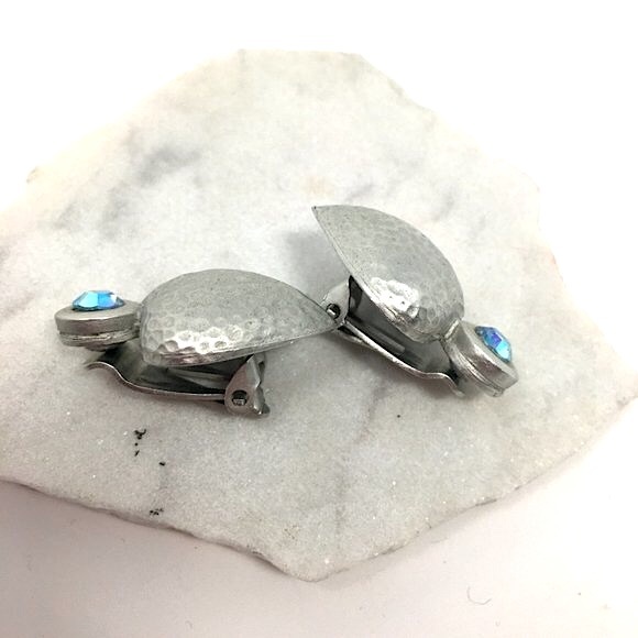 Hammered Silver Tone Steel Heart and Iridescent Rhinestone Clip On Earrings - Picture 9 of 14